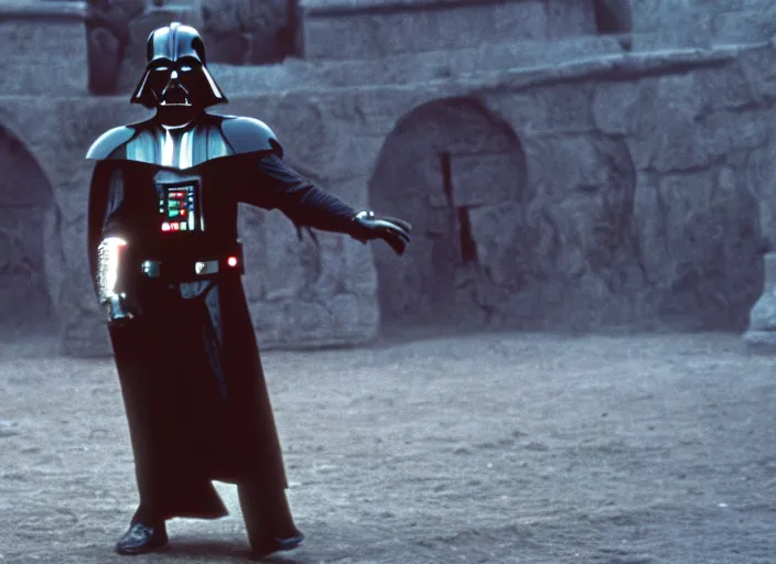 Prompt: film still of Darth Vader as Maximus in the arena with his arms out saying are you not entertained in Gladiator 2000, 4k