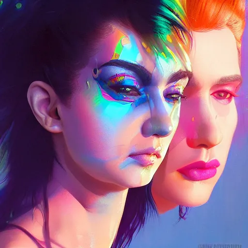 Image similar to hologram punk woman is interested, with cute - fine - face, pretty face, oil slick hair, realistic shaded perfect face, extremely fine details, by realistic shaded lighting, dynamic background, poster by ilya kuvshinov katsuhiro otomo, magali villeneuve, artgerm, jeremy lipkin and michael garmash and rob rey, pascal blanche, kan liu