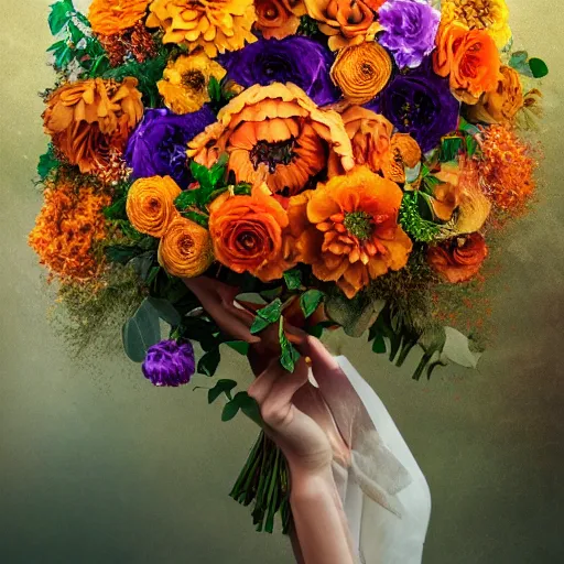 Image similar to a beautiful stunning fantasy matte digital painting of a bouquet made of orange roses and orange chrysanthemums and purple poppies and green eucalyptus and green flora, a photograph painted in the style of Bridal Magazine, professional floral arrangement, professional lighting, trending on artstation hq, contest winner