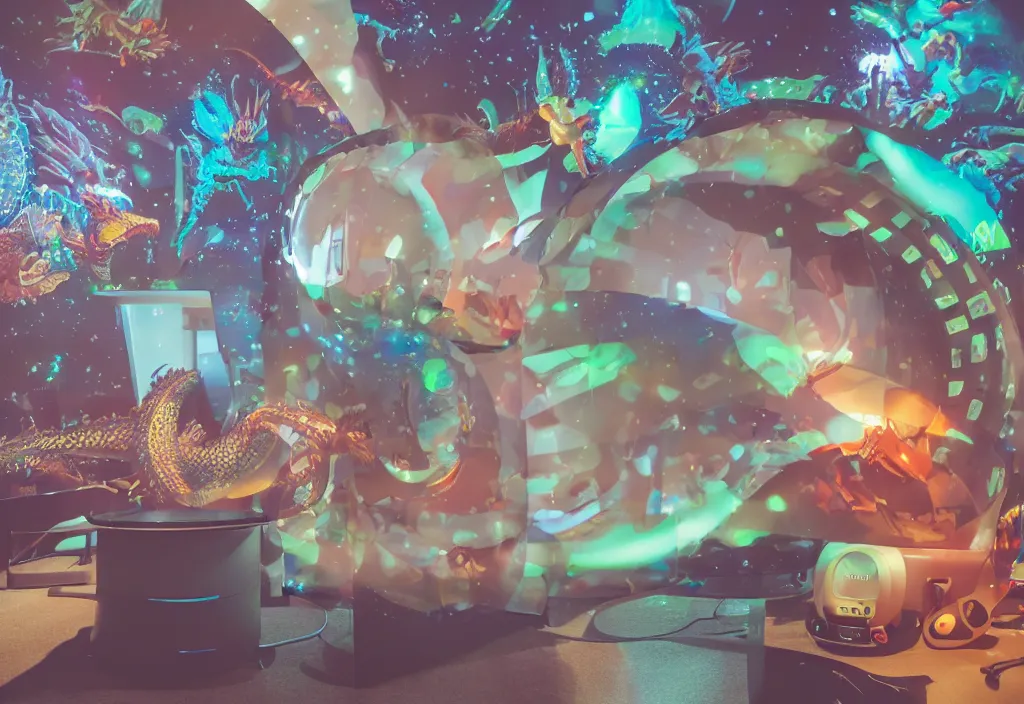 Image similar to 3 d dragon popping out of curved movie, volumetric lighting, bedroom, visor, users, pair of keycards on table, bokeh, creterion collection, shot on 7 0 mm, instax