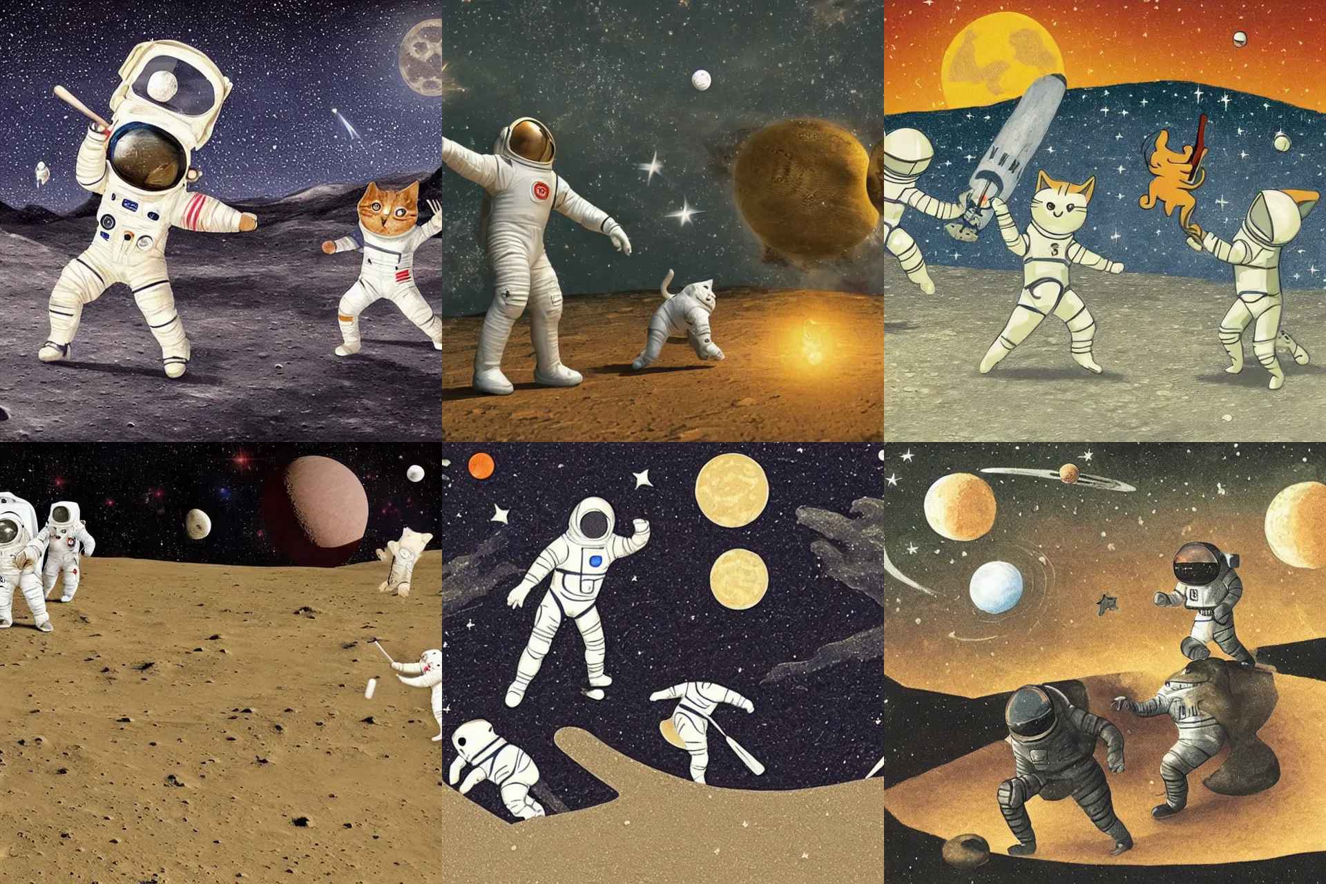 Prompt: A pair of 15th century astronaut cats playing baseball on the surface of the moon with a spaceship and a starry dark sky in the background