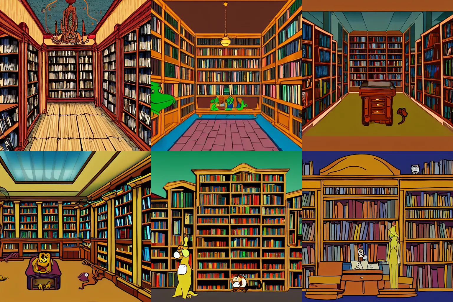 Prompt: full scene of a library in a haunted mansion, style of scooby doo show