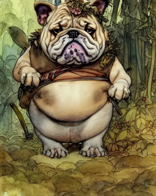 Image similar to a realistic and atmospheric watercolour fantasy character concept art portrait of a fat adorable chibi bulldog soldier in the jungle, by rebecca guay, michael kaluta, charles vess and jean moebius giraud