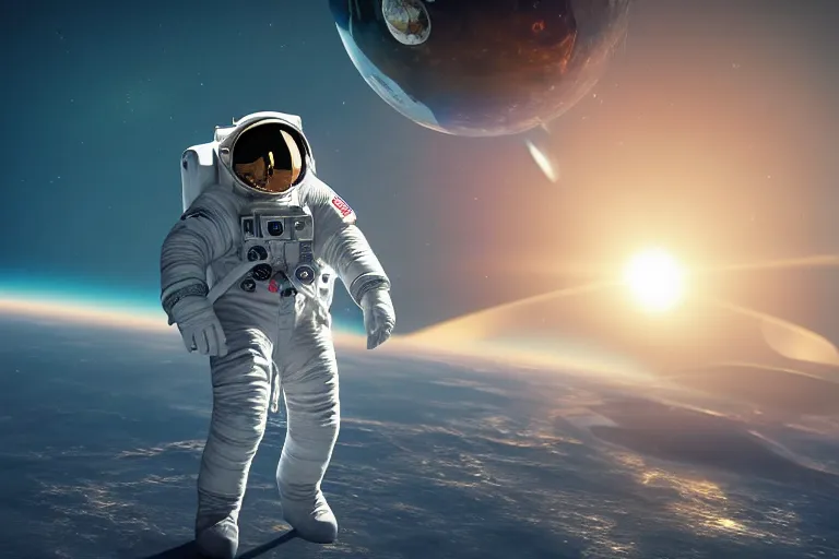 Image similar to astronaut in space wearing a spacesuit floating, earth in background, highly detailed, photorealistic, full body, bright studio setting, studio lighting, crisp quality and light reflections, unreal engine 5 quality render