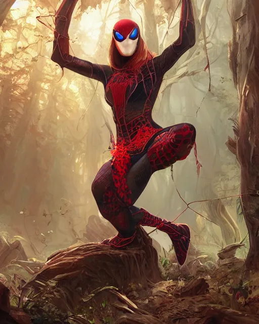 Image similar to a beautiful spiderwoman wearing a magical armor posing in a magical forest, hyper realistic face, fantasy art, in the style of greg rutkowski, illustration, epic, fantasy, intricate, hyper detailed, artstation, concept art, smooth, sharp focus