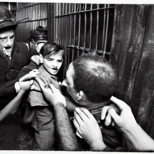 Prompt: vintage monochrome photograph of the minions pushing a young man into a prison cell, 8k, ominous