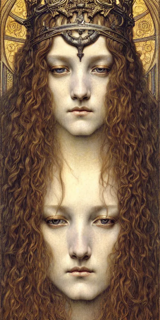 Image similar to detailed realistic beautiful young medieval queen face portrait by jean delville, gustave dore and marco mazzoni, art nouveau, symbolist, visionary, gothic, pre - raphaelite. horizontal symmetry