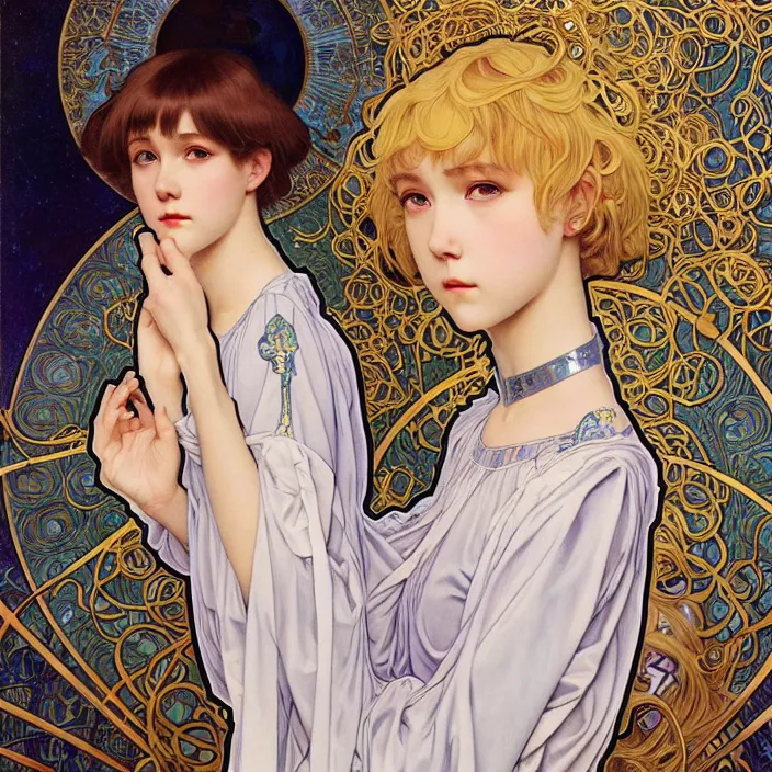 Prompt: rei ayanami, realistic detailed painting of a 1 6 - year old girl who resembles millie bobby brown, as an angel with a golden halo wearing intricate, detailed art nouveau armor and silk, by alphonse mucha, ayami kojima amano, charlie bowater, karol bak, greg hildebrandt