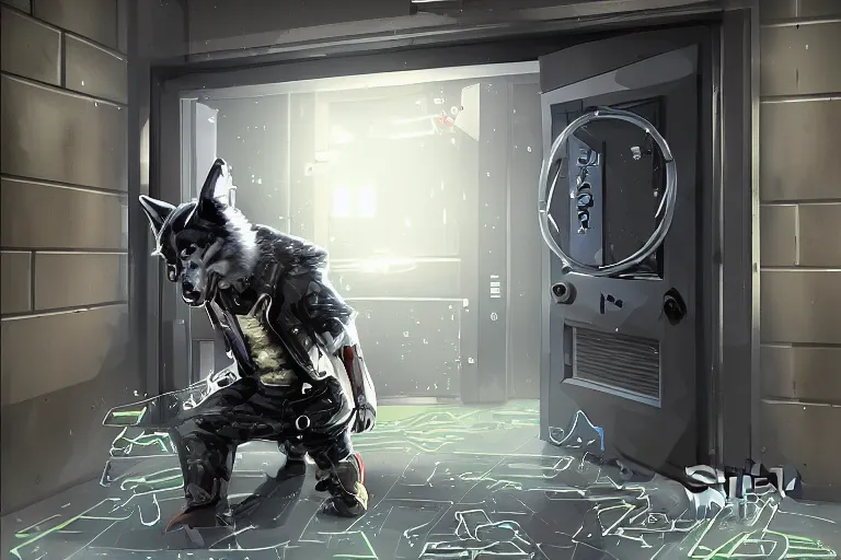 Prompt: A cyberpunk husky kicking down the corp's door, digital art