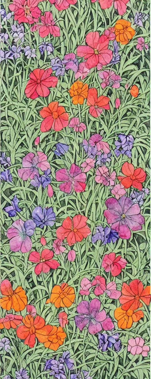 Prompt: !! watercolor!! painting of spring flowers, vibrant, happy, beautiful, style of william morris print