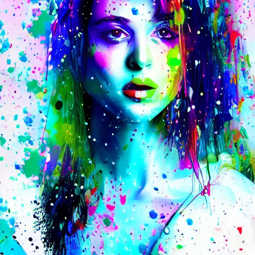 Image similar to references for beautiful woman digital art splattered by coloured paint