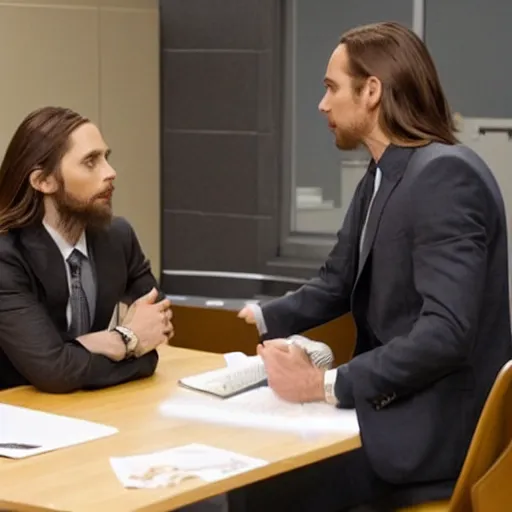 Image similar to jared leto meeting saul goodman in an interrogation room