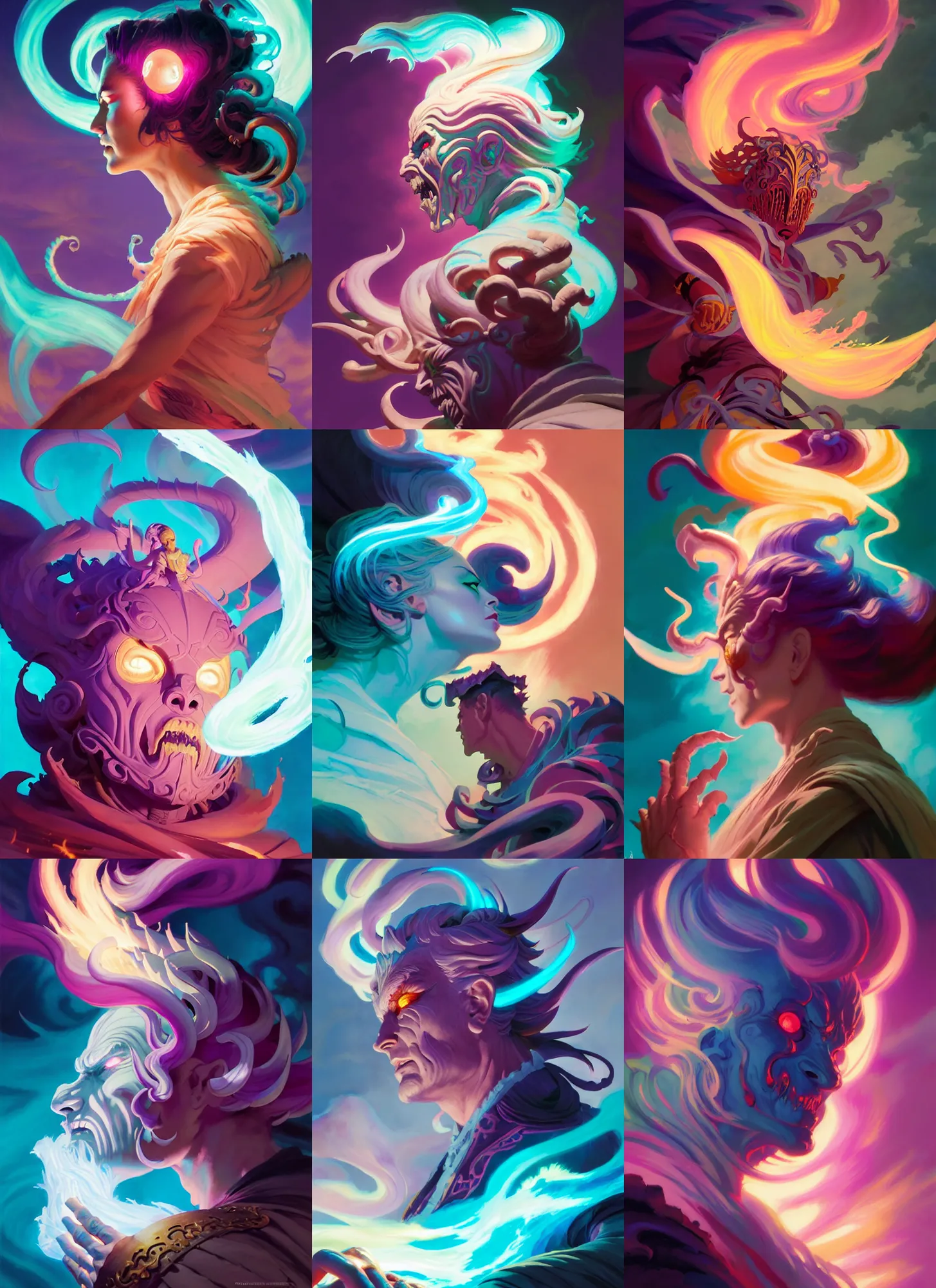 Prompt: side profile, chaotic demon god of destruction, gloomhaven, luminescent, colorful swirly magic ripples, pastel colors, by greg manchess, huang guangjian, gil elvgren, sachin teng, greg rutkowski, jesper ejsing, ilya kuvshinov