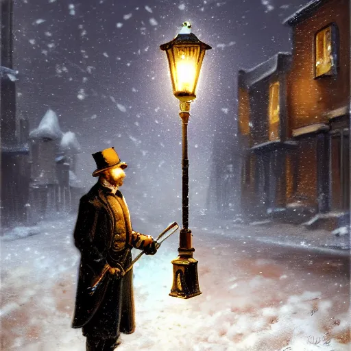 Image similar to a lamplighter on a victorian london street lighting wics with a butane lighter, snowy town, dynamic lighting, photorealistic fantasy concept art, trending on art station, stunning visuals, creative, cinematic, ultra detailed