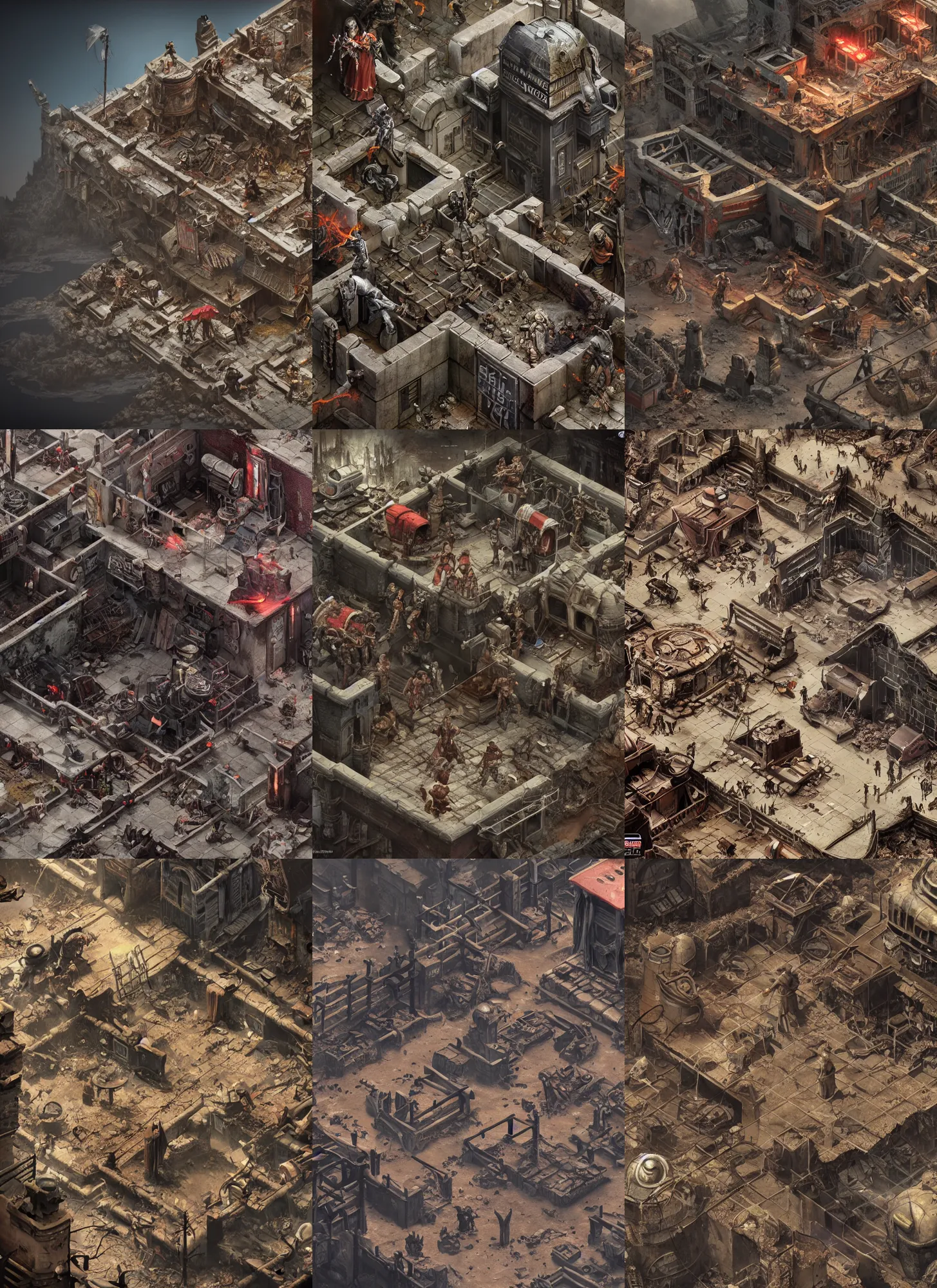 Prompt: Detailed isometric fallout diablo game in epic virtual wastelands destroyed buildings, gaming, games, game, 3d octane render, film look, realistic, detailed, patriotic, highly detailed, sharp focus, leica, zeiss, digital illustration, digital painting, concept art, hyper detailed, illustration, fantasy, art by artgerm and greg rutkowski and alphonse mucha, dynamic lighting, art by peter mohrbacher on artstation, night mood, Moebius, Greg Rutkowski, Zabrocki, Karlkka, Jayison Devadas, Phuoc Quan, zenith view, pincushion lens effect, high definition, 4k