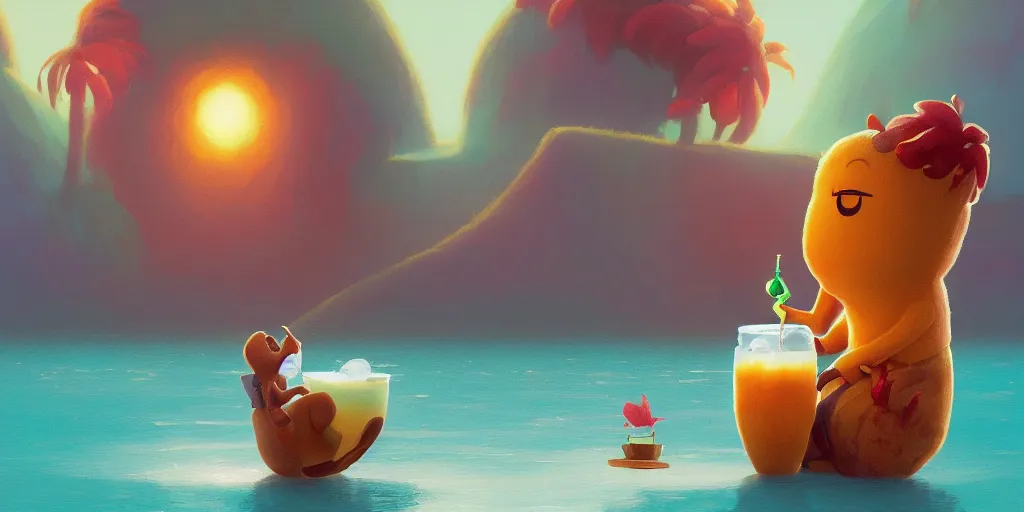 Prompt: a cute bean character drinking a pina colada,, alena aenami, petros afshar, noah bradley, anton fadeev, anato finnstark, steve henderson, filip hodas, mark keathley, thomas kinkade, phil koch, gilbert williams, mike winkelmann, beeple