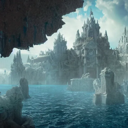 Image similar to The lost Atlantis appears in the multiverse, and the overall tone is atmospheric, hazy, magical, hyper-detailed and realistic，baroque style, realistic geometry, unreal engine 5, hyper realistic, insane details, reflections, best quality, cinematic, epic, 8k, octane render, atmospheric, ambient, volumetric lighting, ultra detail, surrealism,--ar 16:9