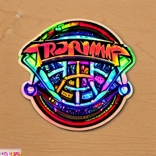 Image similar to sticker of a rock band, name is tripmachine, on the sticker is a 3 d render of a huge futuristic steampunk generator with music instruments, 8 k, fluorescent colors, halluzinogenic, multicolored, exaggerated detailed, silk screen art