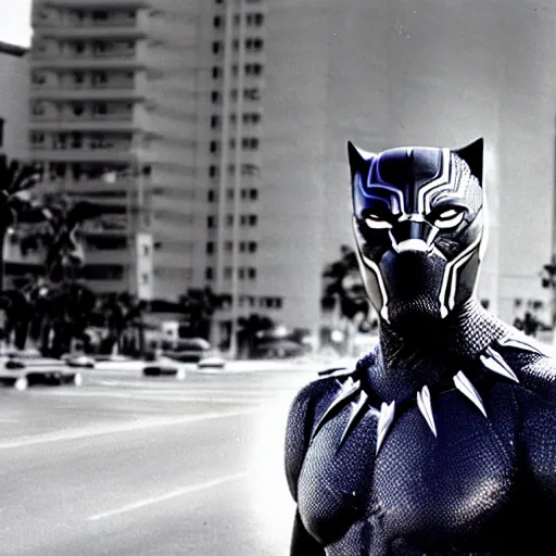 Prompt: Beautiful Portrait Photograph from 1970 of black panther in the middle of a Miami FL street, cinematic