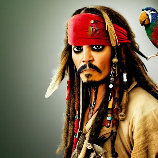 Image similar to jack sparrow with a parrot on the shoulder, portrait, 8k resolution