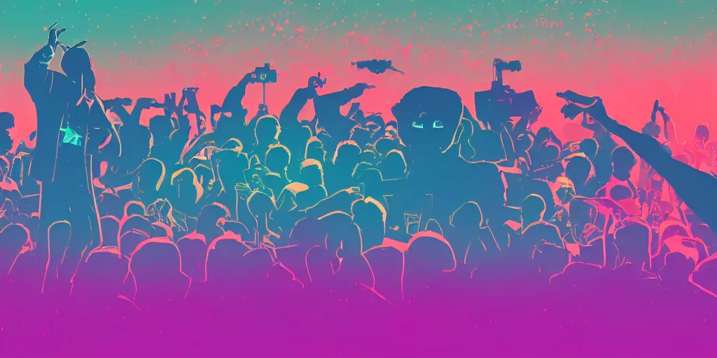 Image similar to rapping into microphone, silhouette, huge crowd, outrun, vaporwave, hip hop, simple shapes, trending on Artstation, professional artist, detailed, 4k