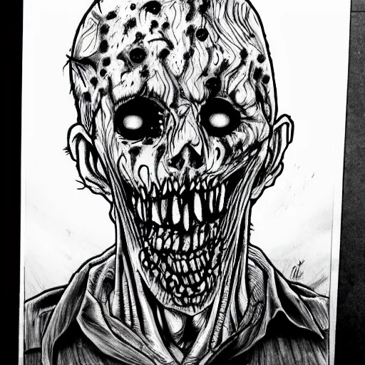 Image similar to highly detailed drawing of a zombie from the walking dead, junji ito manga art style