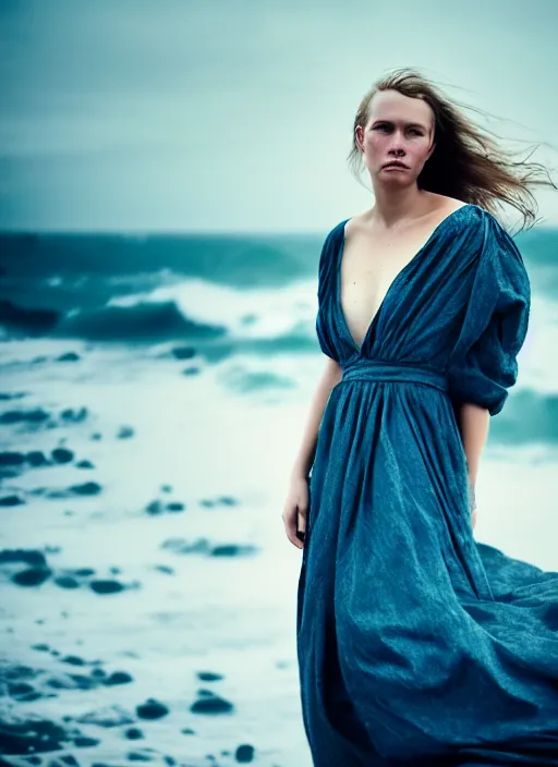 Prompt: cinestill 5 0 d half - length portrait photo portrait of a woman britt marling 3 / 4 style of nicholas fols, 1 5 0 mm, windy mood, dress in voile, mute dramatic colours, soft blur outdoor stormy sea background, volumetric lighting, hyper detailed, hyper realistic