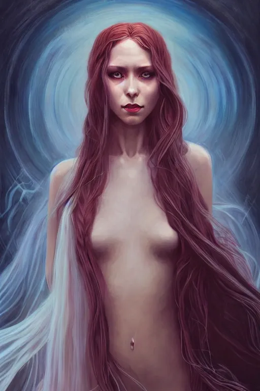 Image similar to portrait of a female wizard in flowing sensual dress, long flowing hair, delicate, looking at camera, slightly smiling, realistic face, stylish, elegant, grimdark fantasy, extremely detailed painting inspired by Gerald Brom and Simon Stalenhag, studio lighting