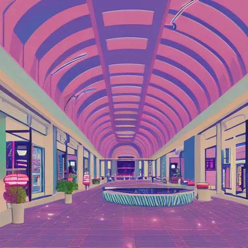 Image similar to art deco vaporwave illustration of a mall atrium in pastel colors