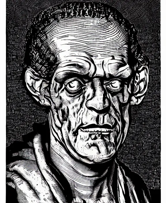 Image similar to frankenstein, art by james o barr and albrecht durer, woodblock print, engraved, black and white, vector, vector art