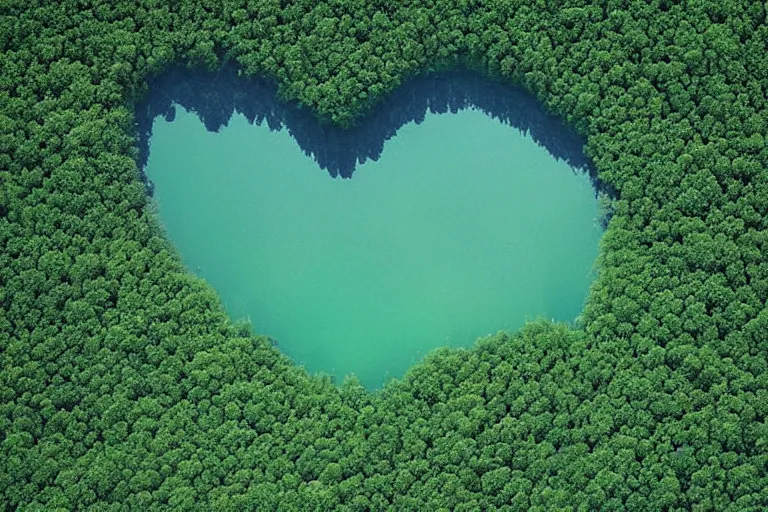 Image similar to a gigantic lake with a detailed heart shape in the middle of a green forest, aerial photography by yann arthus bertrand