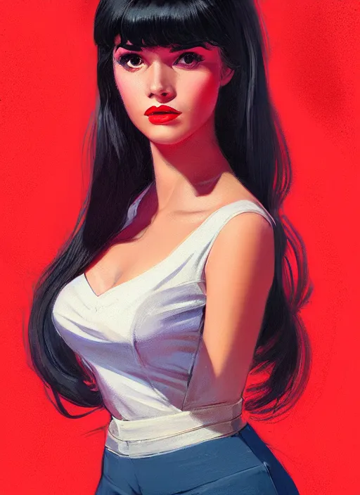 Image similar to portrait of veronica lodge with bangs, 1 9 6 0 s, long hair, red clothes, bangs, intricate, elegant, glowing lights, highly detailed, digital painting, artstation, concept art, smooth, sharp focus, illustration, art by wlop, mars ravelo and greg rutkowski