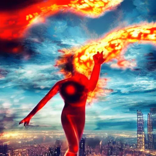 Image similar to a woman on fire, city on fire, giant, photoshop, sci - fi, creative and cool, photo manipulation, in another planet