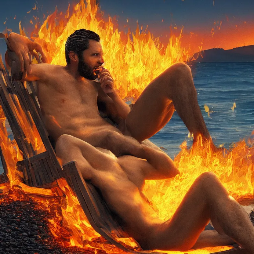 Prompt: Lucifer Morningstar laying in a beach chair on a lava beach in hell drinking a beer, 4k, highly detailed, in the style of Niko Henrichon