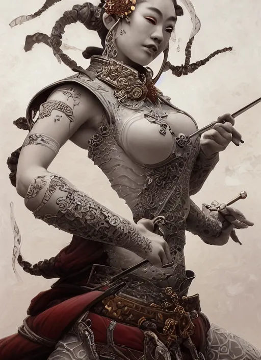 Image similar to subsurface scattering, white, koi, female samurai deity with filigree fantasy armor, by jesper ejsing, james jean, justin gerard, tomasz alen kopera, cgsociety and fenghua zhong, highly detailed, rim light, cinematic lighting, illustration, art, octane render, very coherent, cinematic, hyper realism, high detail, 8 k