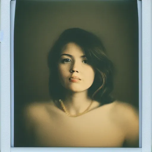 Image similar to a polaroid portrait of a beautiful young woman, detailed clouds, lit from behind, gold light, heavy film grain, color bleed