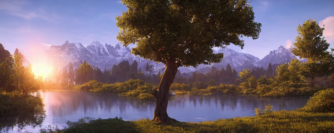 Image similar to big realistic tree near to a river on sunset with reflection on the leaves and mountains in the background, landscape, extremely high fidelity, 8 k, super resolution, concept art, cinematic view, super resolution, unreal engine 5, perspective 3 d octane render, light rays, lens flare, epic, hyperdetailed