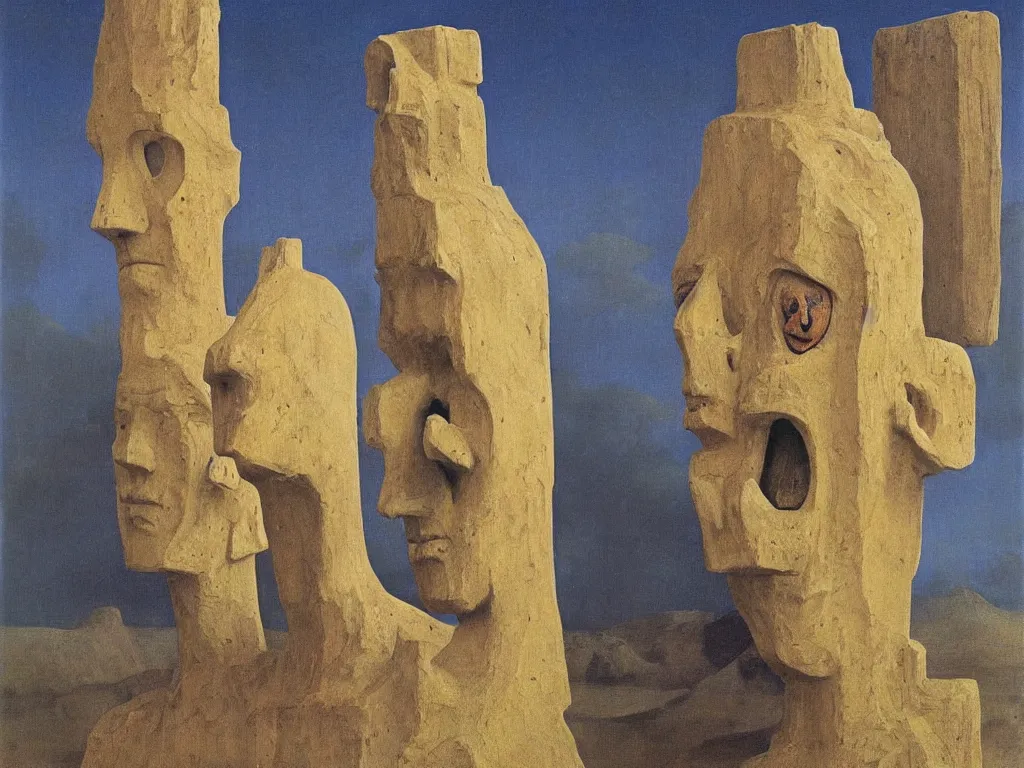 Image similar to Albino mystic with his back turned, looking in the distance at giant totemic archaic sculpture mask temple made from Lapis Lazuli. Painting by Jan van Eyck, Beksinski, Rene Magritte, Agnes Pelton, Max Ernst, Walton Ford