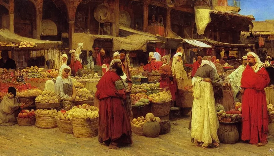 Image similar to medieval arabian trader's market, by ilya repin