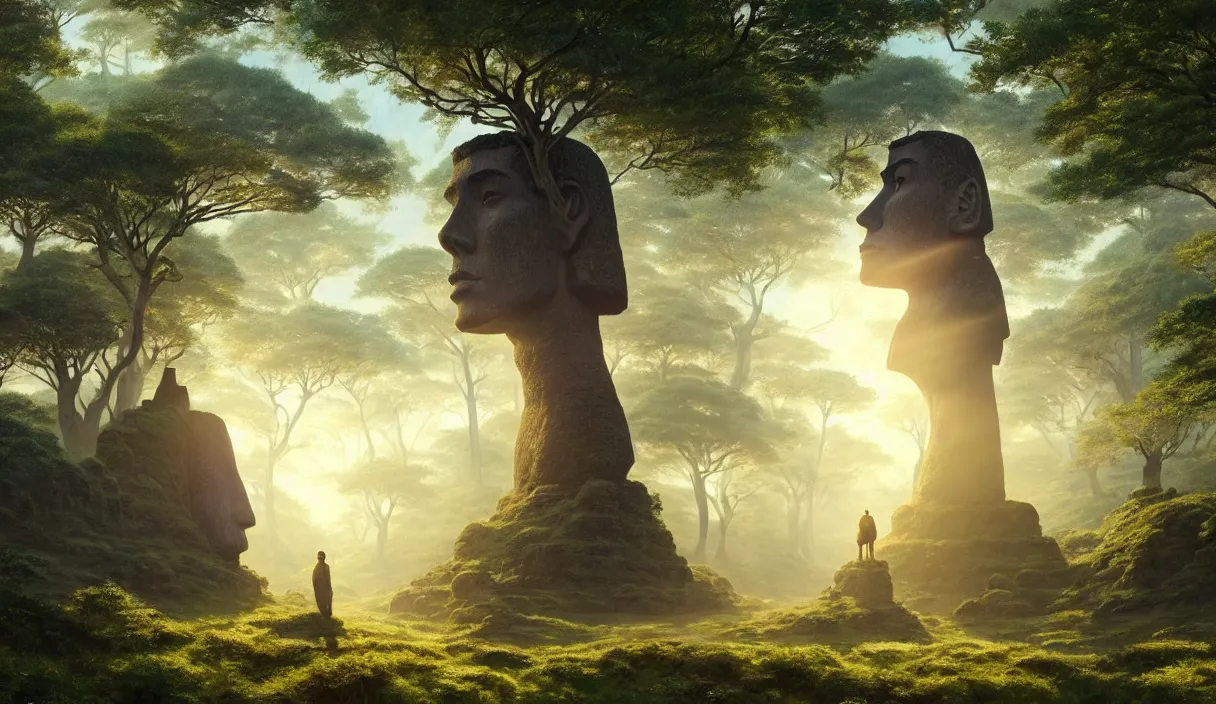 Image similar to detailed intricate digital landscape illustration by greg rutkowski and artgerm and wlop and sanford robinson gifford ; moai statue in yggdrasil forest thick trees ; 1 3 mm film still, wide angle arri alfa anamorphic lens, motion blur ; sharp focus, soft evening lighting with gleaming sun rays ; trending on artstation 4 k