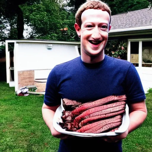 Prompt: mark zuckerberg being unreasonably enthusiastic about smoking some brisket and some ribs in his back yard, 4 k, hyper realistic photo