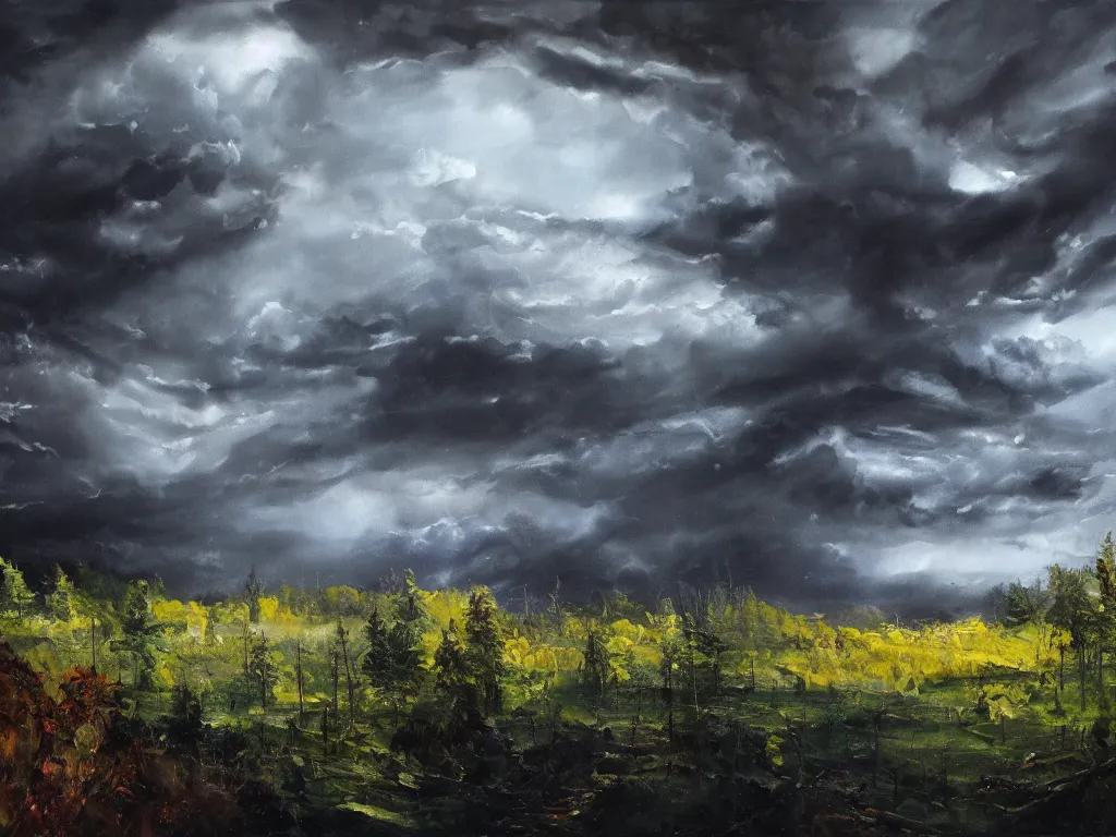 Prompt: detailed landscape, forests. very detailed dark super storm, hyper realistic clouds, impressive, magical, very atmospheric, smoke boiling, cinematic, deep, very high complexity, stunning, masterpiece, chiaroscuro, in the style of david holland and michael creese, very detailed. 4 k