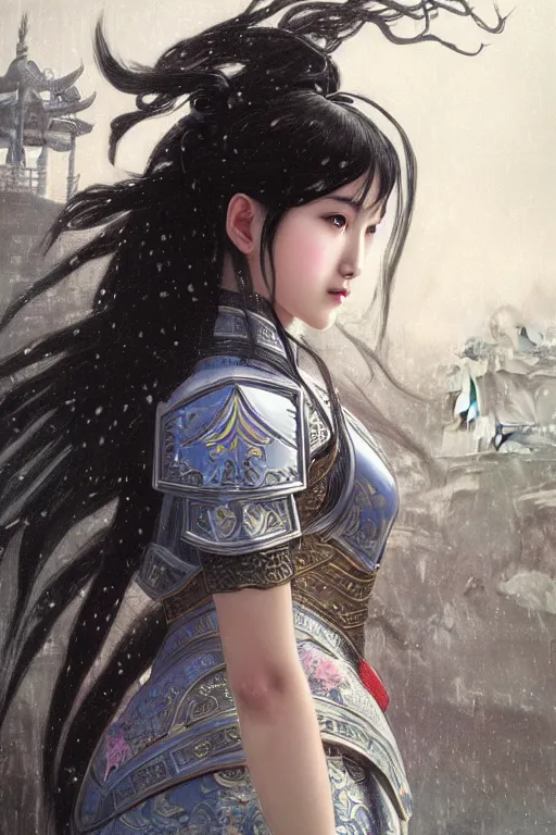 Image similar to portrait black hair young knights of Dynasty Warriors girl, matt white color armor, in ruin chinese temple rooftop heavily rain magic night, ssci-fi and fantasy, intricate and very beautiful and elegant, highly detailed, digital painting, soft light, artstation, concept art, smooth and sharp focus, illustration, art by tian zi and WLOP and alphonse mucha