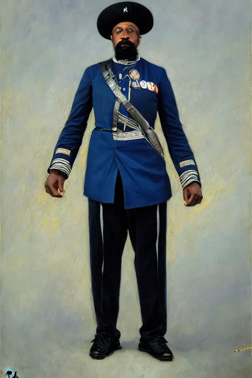 Prompt: full body portrait of the dictator of the orlando magic, 1 8 8 9, in full military garb, magic blue, silver, and black, shaquile o'neil, oil on canvas by william sidney mount, trending on artstation