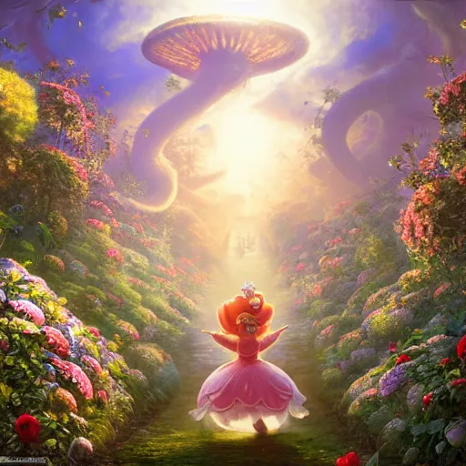 Image similar to A beautiful hyper detailed matte painting of a portrait of princess peach, running through a hedge garden of exotic flowers in the Mushroom Kingdom, giant mushrooms, and roses, from behind, streets, birds in the sky, sunlight and rays of light shining through trees, art by Ted Nasmith and Peter Mohrbacher, 4k unreal engine