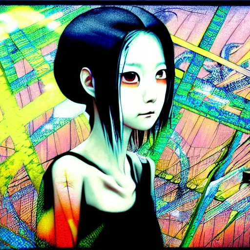 Image similar to yoshitaka amano blurred and dreamy three quarter angle portrait of a young woman with white hair and black eyes wearing dress suit with tie, playstation 2 horror game illustration, junji ito abstract patterns in the background, satoshi kon anime, chungking express color palette, glitches, film grain effect, highly detailed, renaissance oil painting, weird camera angle