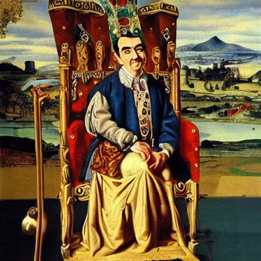 Prompt: A still of Mr. bean depicted as a king on a throne, renaissance oil painting by Salvador Dali