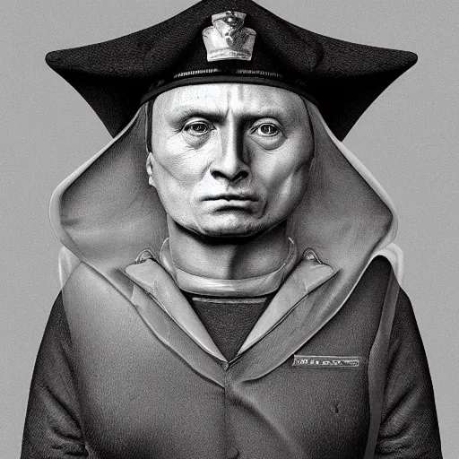 Image similar to hyperrealistic, ultra detailed, realistic render of a police officer in the style of hieronymos bosch