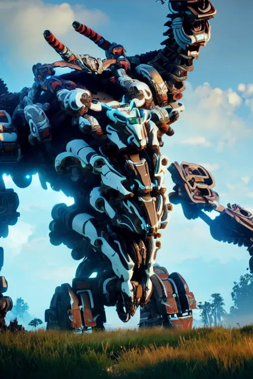 Image similar to a cinematic still from horizon zero dawn, full body mech, octane render, nvidia raytracing demo, masterpiece, aged armor plating, decipticon armor plating, aggressive head, endoekeleton exposure