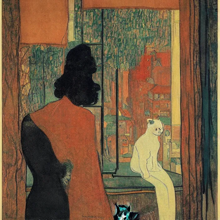 Image similar to portrait of sad woman and persian cat with city with gothic cathedral and tall trees seen from a window frame with curtains, vase. thunderstorm. mikalojus konstantinas ciurlionis, henri de toulouse - lautrec, utamaro, matisse, balthus